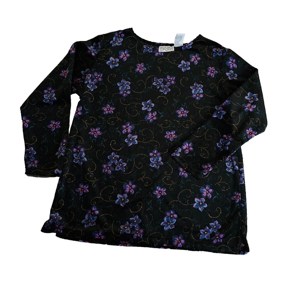 JACLYN SMITH SPORT floral velour blouse size XL long sleeve black purple top